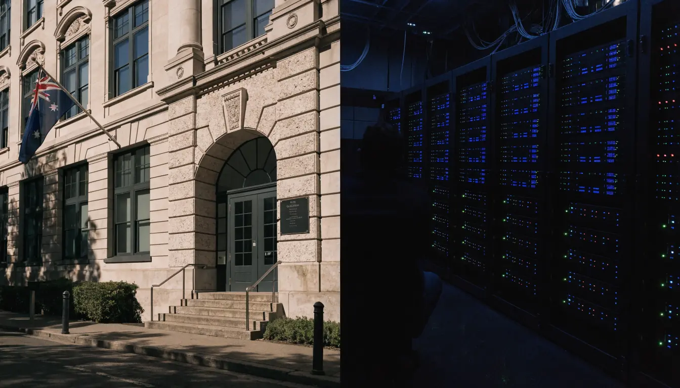 Split view of Australian regulator building and offshore casino server room